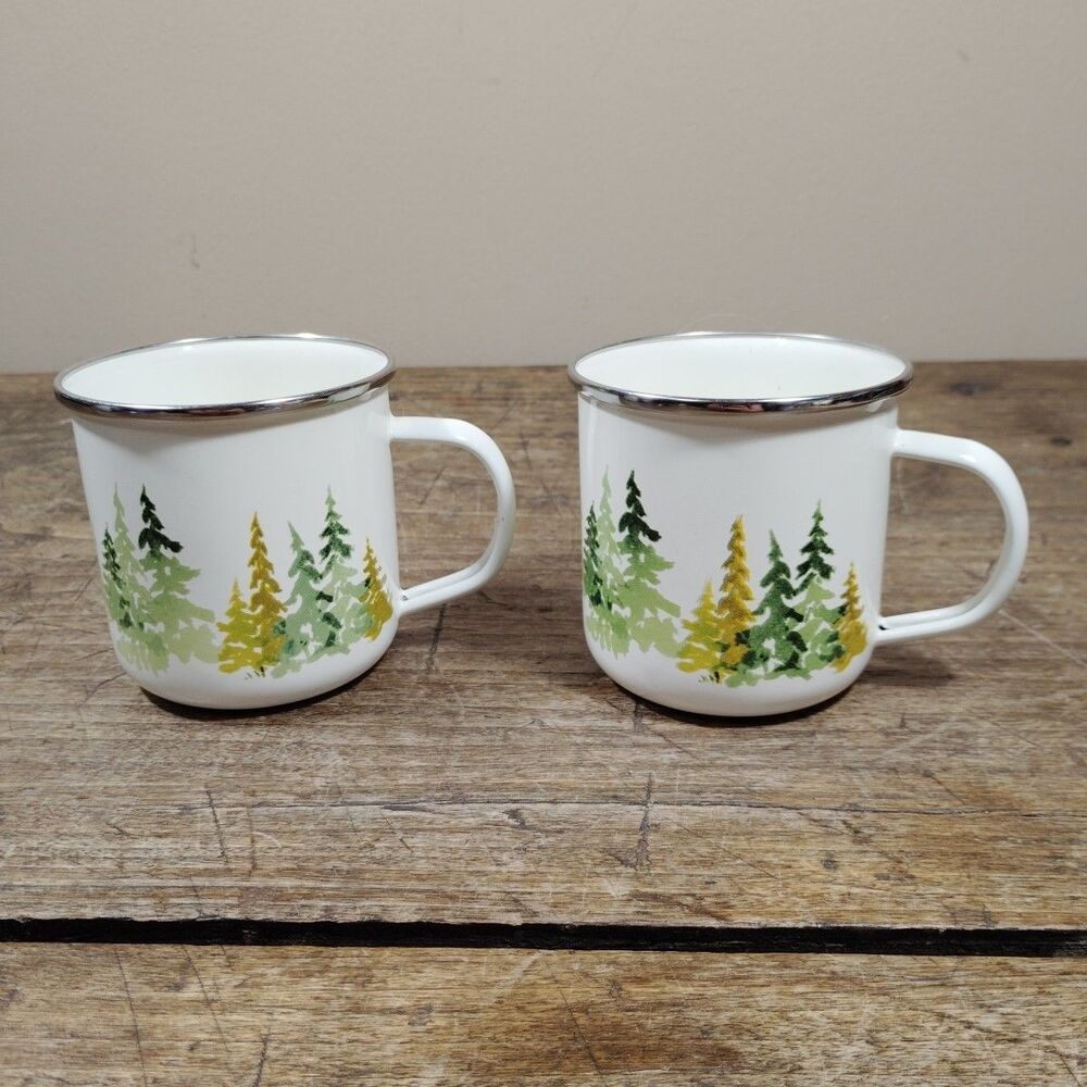Two L.L.Bean Enamel Camp Mug Evergreen Pine Trees Green Forest Cabin Coffee Cup